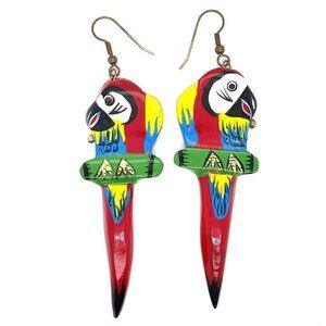 Estate Costume Parrot Hand Painted Wood Pierced‎ Hook Earrings! 146